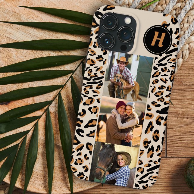 Coques Case-Mate iPhone Imprimé léopard 3 Photos carrées Monogramme nature (Créateur téléchargé)