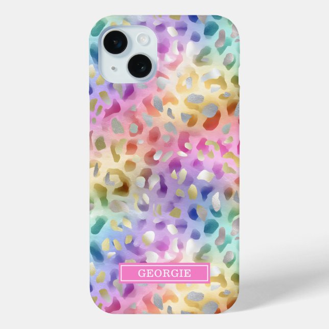 Coques Case-Mate iPhone Imprimé léopard iridescent pastel monogrammé (Verso)