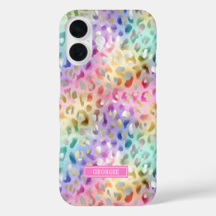 Coque Pour iPhone 16 Imprimé léopard iridescent pastel monogrammé