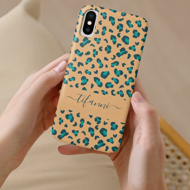Coques Case-Mate iPhone Imprimé Léopard Sarcelle Brun Nom Modifiable (Créateur téléchargé)