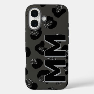 Coque Pour iPhone 16 Imprimé moderne de léopard noir ombre foncée monog