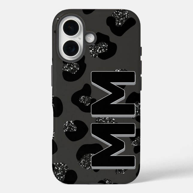 Coques Case-Mate iPhone Imprimé moderne de léopard noir ombre foncée monog (Verso)