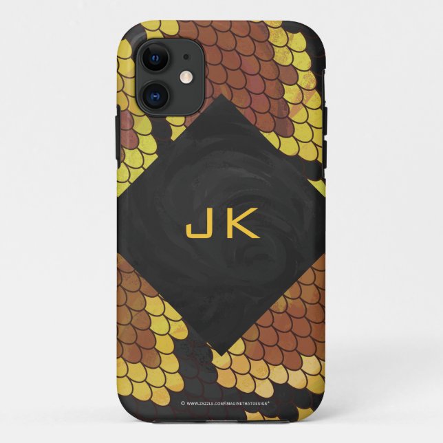 Coques Case-Mate iPhone Imprimé serpent brun et or Monogramme (Dos)