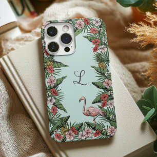 Coque iPhone 16 Pro Initial flamant rose tropical dessiné à la main