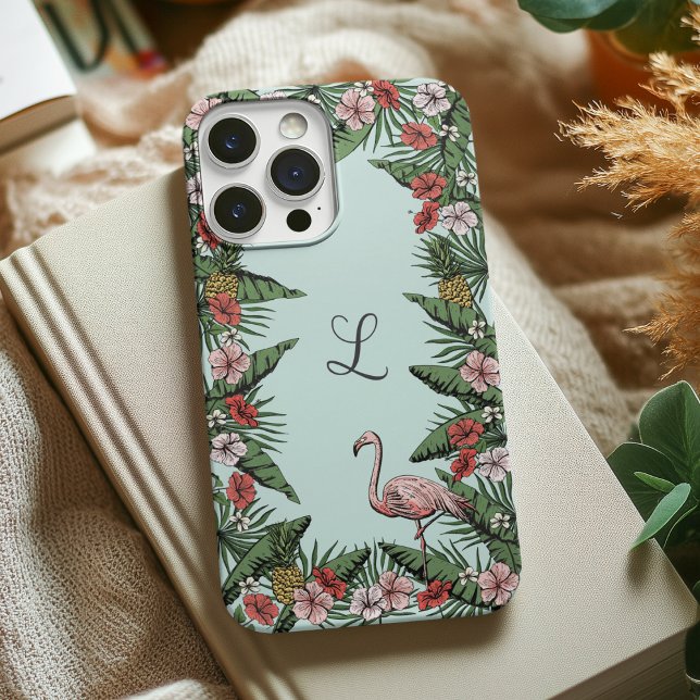 Coques Case-Mate iPhone Initial flamant rose tropical dessiné à la main (Colorful Tropical Monogrammed Design. Flamingo, Hibiscus, Jasmine Flowers, Pineapples and Leaves.)