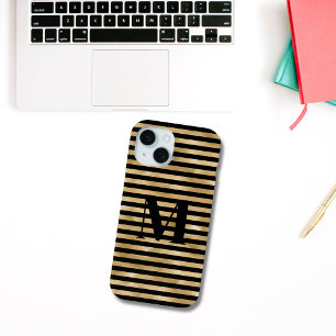 Coque Case-Mate iPhone Initiale de monogramme rayée or noir