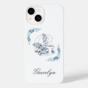 Coque Case-Mate iPhone Initiale "G" Monogramme bleu Calme Floral