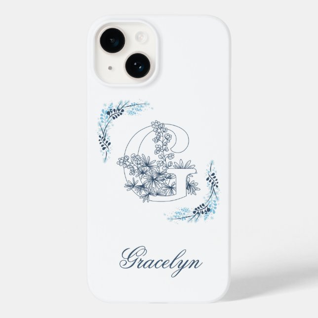 Coques Case-Mate iPhone Initiale "G" Monogramme bleu Calme Floral (Verso)