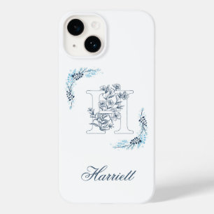 Coque Case-Mate iPhone Initiale "H" Monogramme bleu Calme Floral