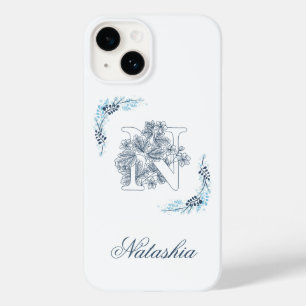Coque Case-Mate iPhone Initiale "N" Monogramme bleu Calme Floral