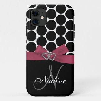 Coque iPhone 11 Initiale personnalisée, rose, caisse noire de pois