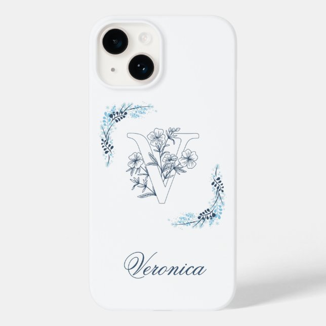 Coques Case-Mate iPhone Initiale "V" Monogramme bleu Calme Floral (Verso)