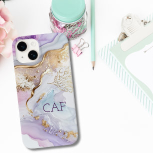 Coque Case-Mate iPhone Initiales de monogramme lavis aquarelle bleu viole