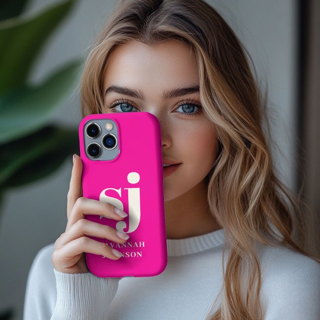 Coques Case-Mate iPhone Initiales de monogramme rose vif élégant  (Créateur téléchargé)