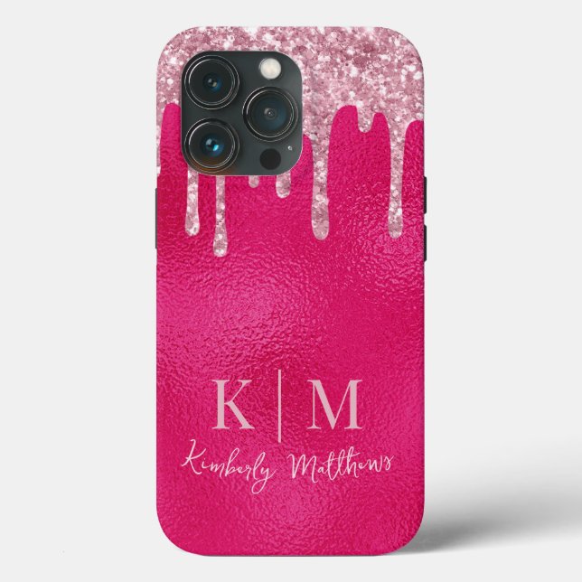 Coques Case-Mate iPhone Initiales de monogramme scintillantes rose vif gla (Verso)