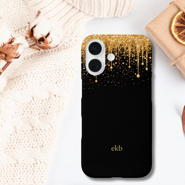 Coques Case-Mate iPhone Initiales de nom en monogramme noir or paillettes  (Black Gold Dripping Glitter Monogrammed Name Initials iPhone case)