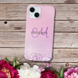 Coque Case-Mate iPhone Initiales de nom en monogramme rose paillettes vio