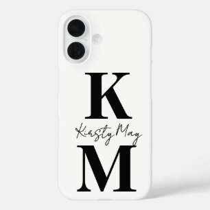 Coque Pour iPhone 16 Initiales Modernes Nom Blanc Noir Personnaliser