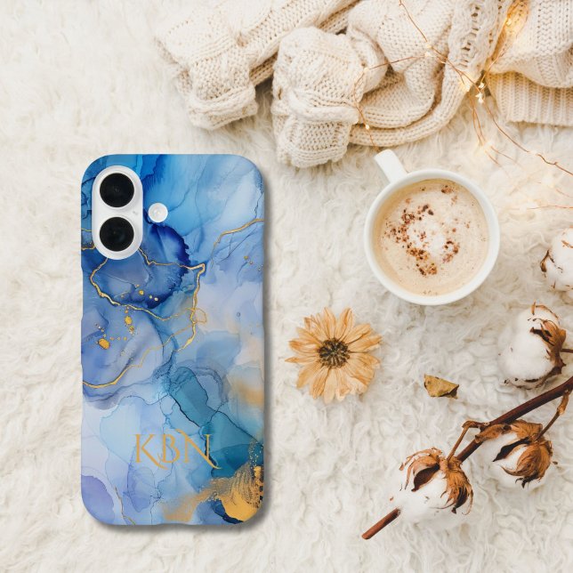 Coques Case-Mate iPhone Initiales Monogramme Aquarelle Encre Alcoolique Or (Blue Gold Alcohol ink Watercolor Wash Monogrammed Initials iPhone case )