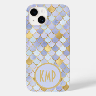 Coque Case-Mate iPhone Initiales Monogramme Bleu Or Écailles de Sirène