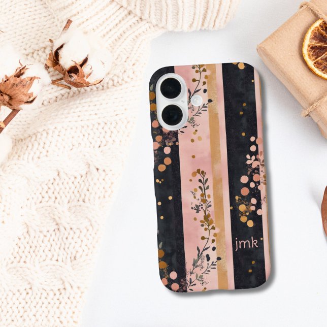 Coques Case-Mate iPhone Initiales Monogramme Fleurs Rayures Rose Or Noir  (Pink gold black stripes florals boho monogram initials iPhone 16 case)