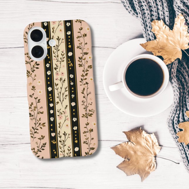 Coques Case-Mate iPhone Initiales Monogramme Fleurs Roses Beige Noir Rayur (Pink beige black stripes watercolor florals iPhone case for her)