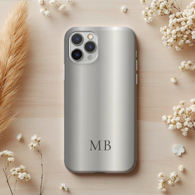 Coques Case-Mate iPhone Initiales Monogramme Métallisé Faux Gris Argent Br (Créateur téléchargé)