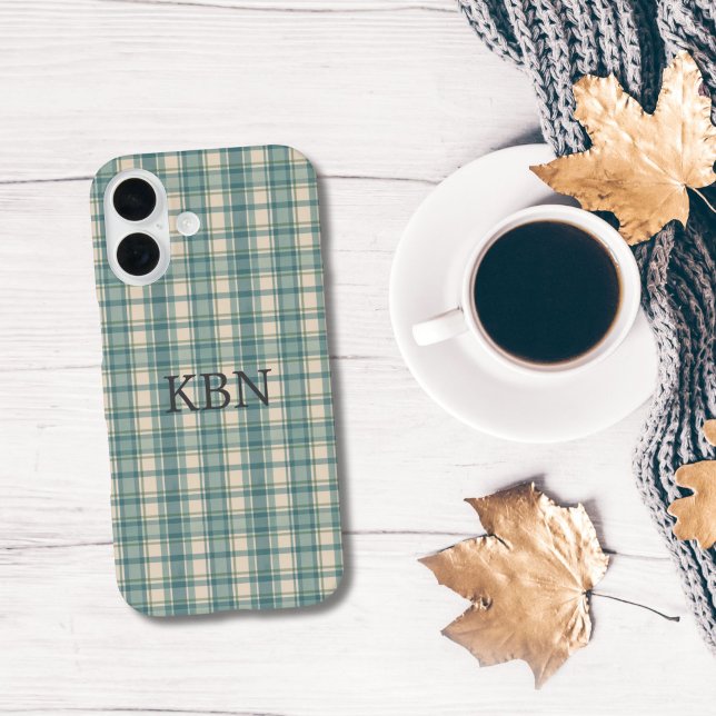 Coques Case-Mate iPhone Initiales Monogramme Vert Bleu Beige Carreaux Tart (Monogrammed initials green blue beige tartan buffalo plaid iPhone case. Gray Initials.)