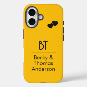Coque Pour iPhone 16 Initiales, noms et deux coeurs sur jaune vif