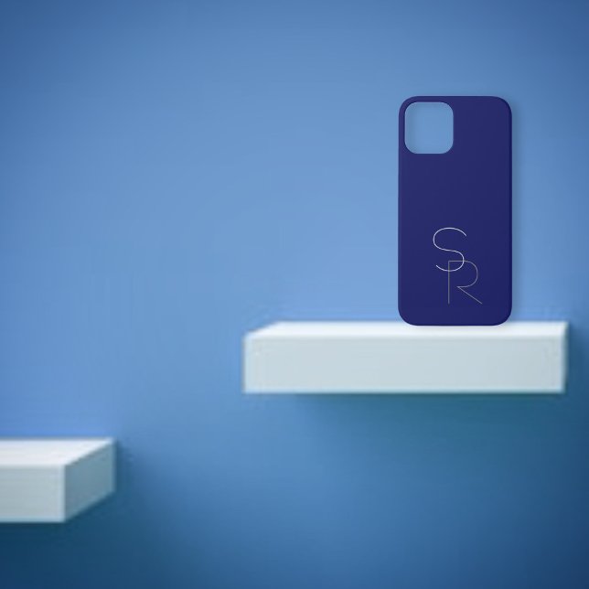 Coques Case-Mate iPhone Initiales superposées Modern 2 | Gris sur bleu mar (Créateur téléchargé)