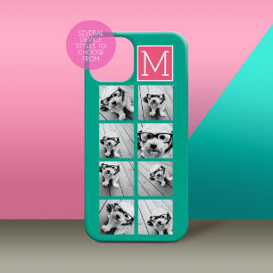 Coque Pour iPhone 14 Plus Instagram Teal & Rose Chaud Monogramme Collage Pho