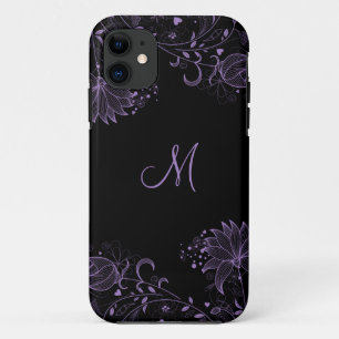 Coque iPhone 11 iPhone5 floral esquissé noir et pourpre Girly