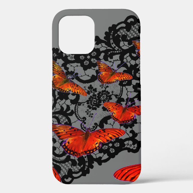 Coques Case-Mate iPhone iPhone 12 ORANGE PAPILLONS DENTELLE NOIRE ANTIQUE (Verso)