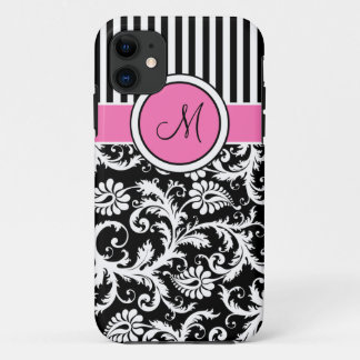 Coque iPhone 11 iPhone rayé blanc noir rose 5 de damassé de