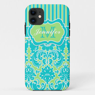 Coques Pour iPhone iPhone rayé bleu, vert, blanc 5 de damassé