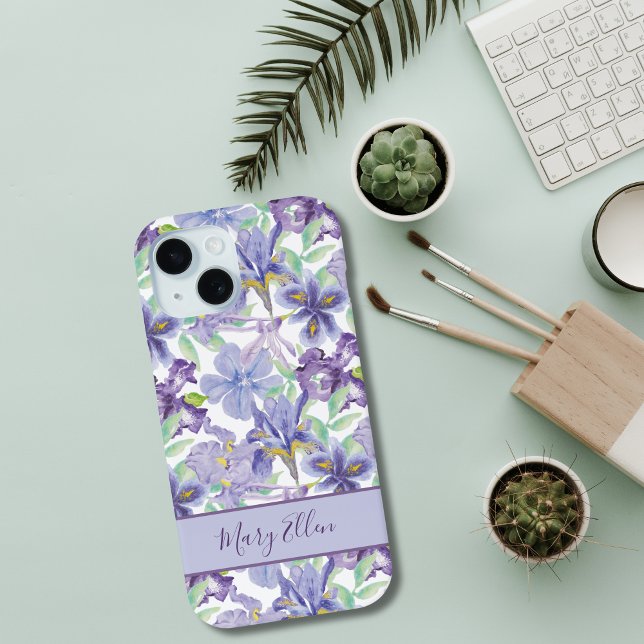 Coques Case-Mate iPhone Iris Floral Aquarelle Violet Jaune Monogramme   (Monogrammed Name Purple yellow Iris floral flowers watercolor iPhone case)