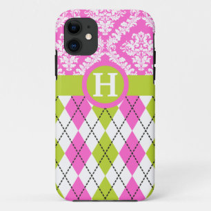 Case-Mate iPhone Case Jacquard et damas motif vert, rose monogramme
