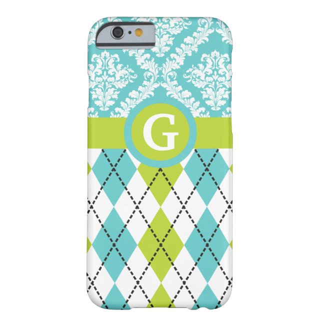 Coques Case-Mate iPhone Jacquard et motif damassé vert, aqua monogramme (Dos)