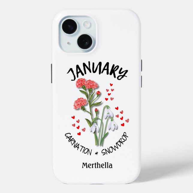 Coques Case-Mate iPhone JANVIER Mois de naissance Fleur Nom personnalisé (Verso)