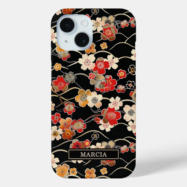Coques Case-Mate iPhone Japanese Black Floral Pattern Monogrammed (Verso)