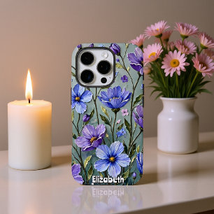 Coque iPhone 16 Pro Jardin bleu éthérée et pourpre