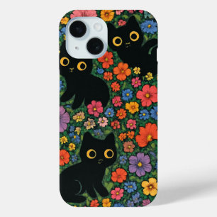 Coque Case-Mate iPhone Jardin d'art Kawaii   Motif floral de chat noir mi