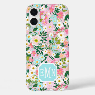 Coque Pour iPhone 16 Plus Jardin de fleurs rose coloré avec monogramme