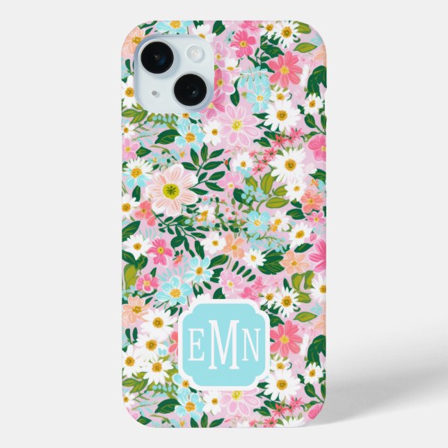 Coques Case-Mate iPhone Jardin de fleurs roses coloré avec monogramme (Verso)