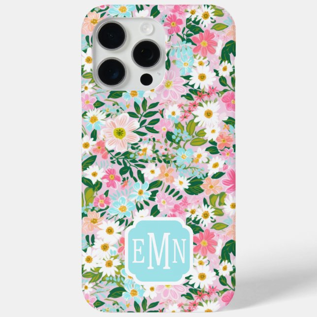 Coques Case-Mate iPhone Jardin de fleurs roses coloré avec monogramme  (Verso)