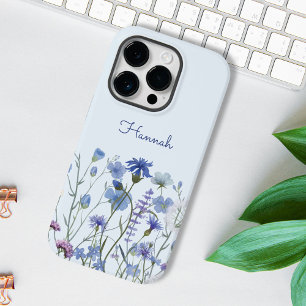 Coque iPhone 16 Pro Max Jardin de fleurs sauvages à l'aquarelle bleue mono