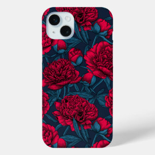 Coque Case-Mate iPhone Jardin de pivoine rouge sur bleu foncé