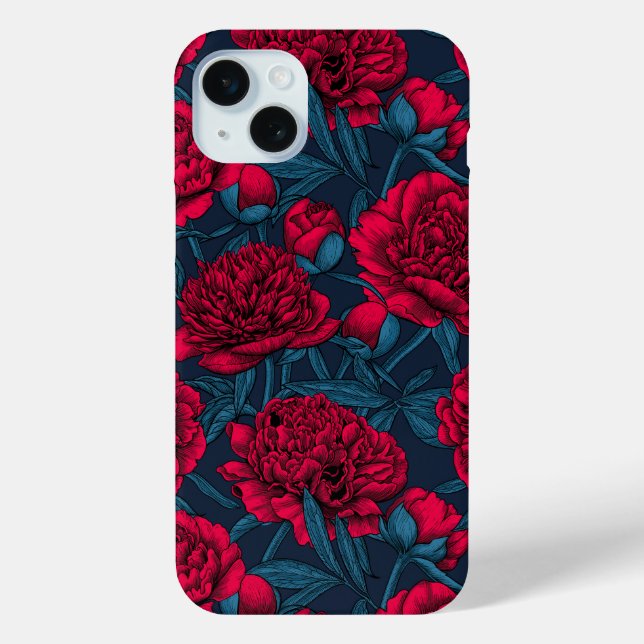 Coques Case-Mate iPhone Jardin de pivoine rouge sur bleu foncé (Verso)