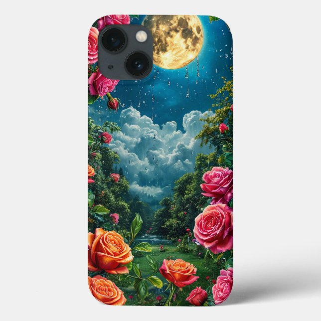 Coques Case-Mate iPhone Jardin éclairé par la lune avec des roses en fleur (Verso)