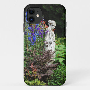Coque Case-Mate Pour iPhone Jardin fleuri de delphinium bleu et statue